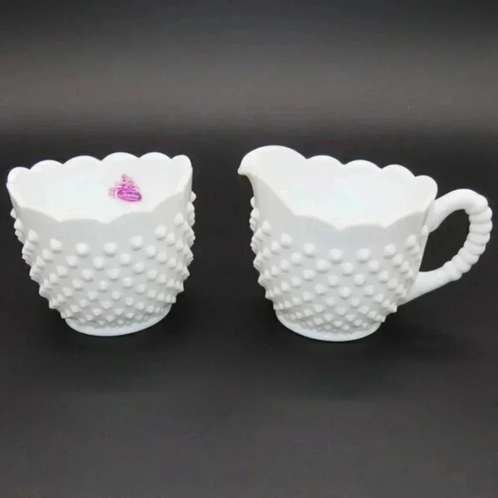 Vintage Fenton Oval Hobnail Milk Glass Sugar Bowl Creamer Set 1950s 1960s